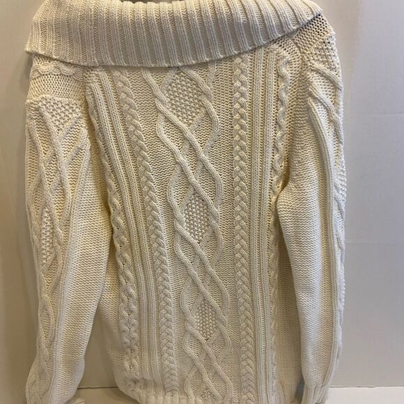 Eddie Bauer Xl cable knit cream sweater cowl neck chunky wood buttons - Picture 4 of 5